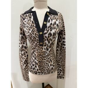 Ganni NWoT Women's S Fine Merino Jacquard Leopard Polo Sweater